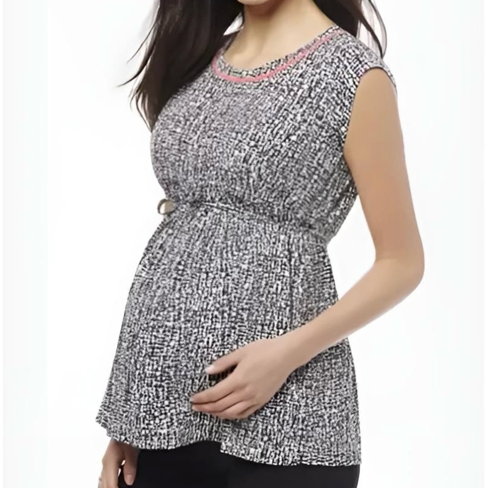 MOTHERHOOD Black & White Maternity Blouse w Pink Neckline Trim